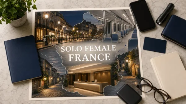 Overhead France solo-travel safety flat lay with an illustrated lit boulevard, empty metro carriage, hotel lobby and quiet streets, framed by planning props.