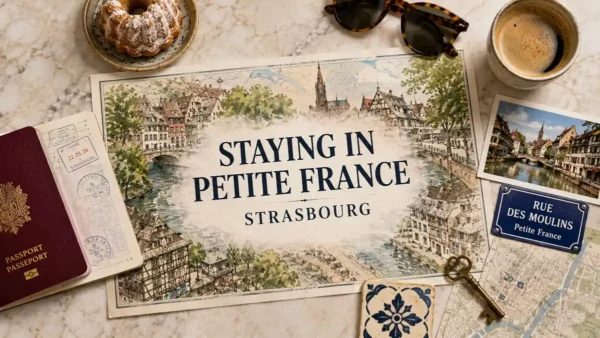Flat-lay Strasbourg travel map highlighting Petite France canals and half-timbered houses with a passport and room key.