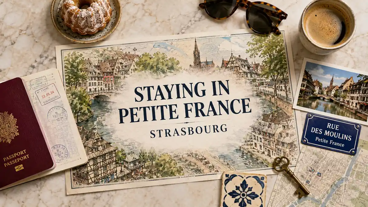 Staying in Petite France, Strasbourg: Is It the Right Base? 2 Flat-lay Strasbourg travel map highlighting Petite France canals and half-timbered houses with a passport and room key.