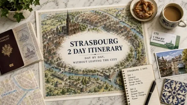 Overhead Strasbourg itinerary flat lay with an illustrated city map, passport, tram ticket, notebook, coffee, pretzel, postcard, and ceramic tile.