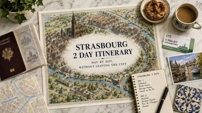 Overhead Strasbourg itinerary flat lay with an illustrated city map, passport, tram ticket, notebook, coffee, pretzel, postcard, and ceramic tile.