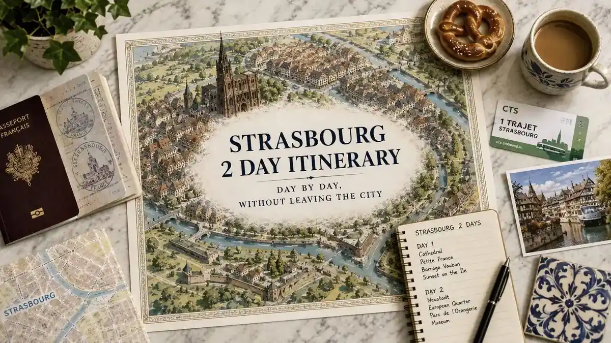 Overhead Strasbourg itinerary flat lay with an illustrated city map, passport, tram ticket, notebook, coffee, pretzel, postcard, and ceramic tile.