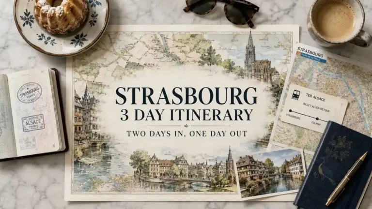 Strasbourg 3-day itinerary flat lay with city map, passport, rail ticket, notebook, coffee, and Alsatian travel details.