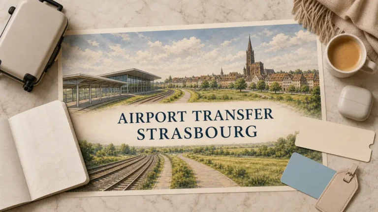 Overhead Strasbourg airport-transfer flat lay with an illustrated empty terminal walkway and rail tracks leading across Alsatian fields to the city skyline.