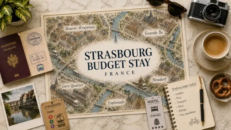 Overhead Strasbourg budget travel flat lay with an illustrated map highlighting Bourse–Krutenau, the station quarter, Neudorf and Esplanade.