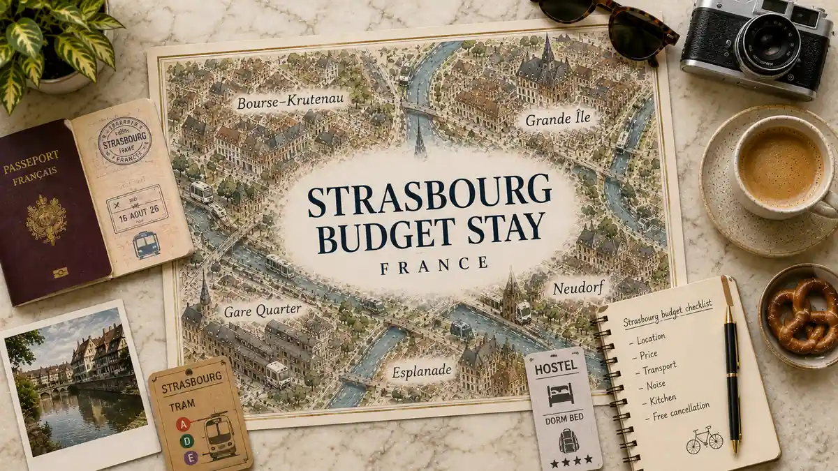 Where to Stay in Strasbourg on a Budget (and What You Give Up) 2 Overhead Strasbourg budget travel flat lay with an illustrated map highlighting Bourse–Krutenau, the station quarter, Neudorf and Esplanade.