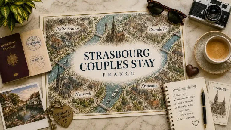 Overhead Strasbourg couples travel flat lay with an illustrated map highlighting Neustadt, Petite France, Grande Île and Krutenau.