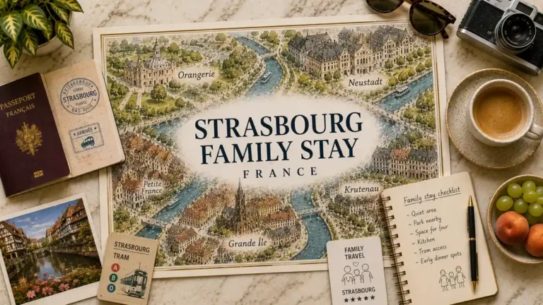 Overhead Strasbourg family travel flat lay with an illustrated map highlighting Neustadt, Orangerie, Grande Île, Petite France and Krutenau.