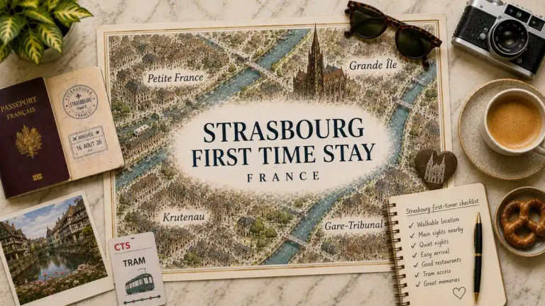 Overhead Strasbourg first-time travel flat lay with an illustrated map highlighting Grande Île, Petite France, Krutenau and Gare-Tribunal.