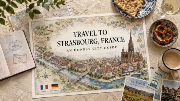 Strasbourg city guide flat lay with illustrated map, cathedral, Alsatian food, tram card and Franco-German travel details.