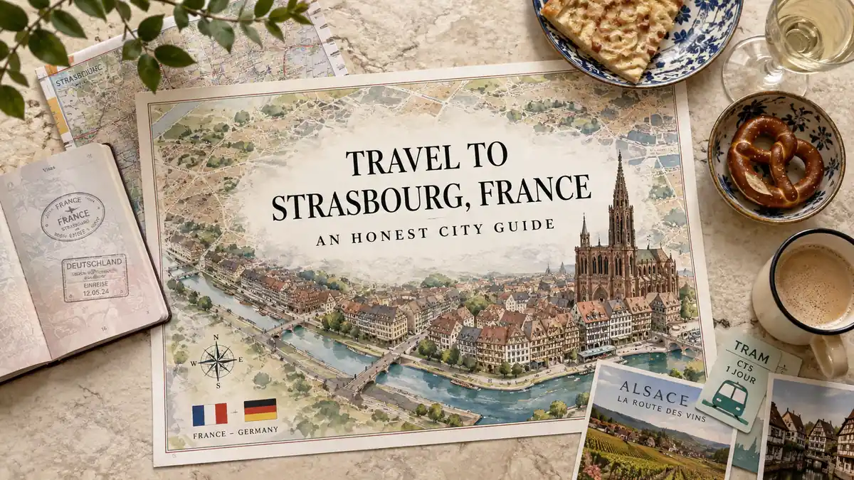 Travel to Strasbourg, France: An Honest City Guide 2 Strasbourg city guide flat lay with illustrated map, cathedral, Alsatian food, tram card and Franco-German travel details.