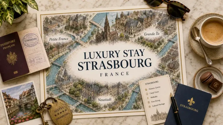 Overhead Strasbourg travel flat lay with an illustrated map highlighting Grande Île, Petite France and Neustadt for a luxury stay.