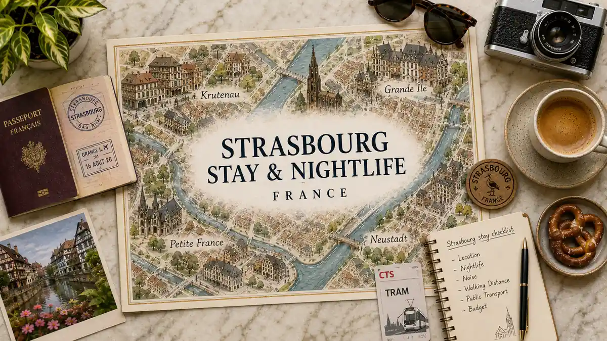 Where to Stay in Strasbourg for Nightlife (and Still Sleep) 2 Overhead Strasbourg travel flat lay with an illustrated map highlighting Krutenau, Grande Île, Petite France and Neustadt for a nightlife stay.
