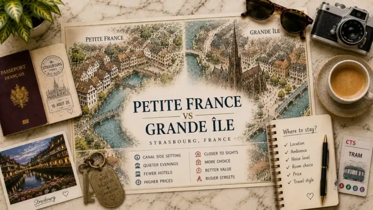 Overhead Strasbourg travel flat lay with an illustrated comparison map of Petite France and the rest of the Grande Île.