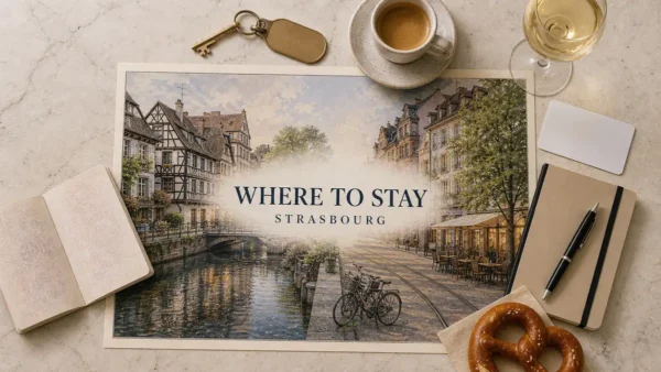 Overhead Strasbourg stay-comparison flat lay with an illustrated Petite France canal and Krutenau street, framed by a passport, room key, coffee, wine and planning props.