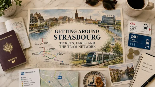 Overhead Strasbourg transport flat lay with illustrated tram map, transit tickets, passport, coins, notebook and pretzel.