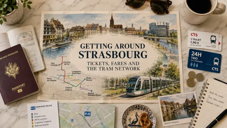Overhead Strasbourg transport flat lay with illustrated tram map, transit tickets, passport, coins, notebook and pretzel.