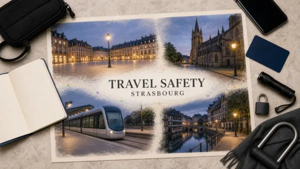 Overhead Strasbourg safety flat lay with an illustrated empty lit square, cathedral street, unmarked tram platform and Petite France canal, framed by security-planning props.