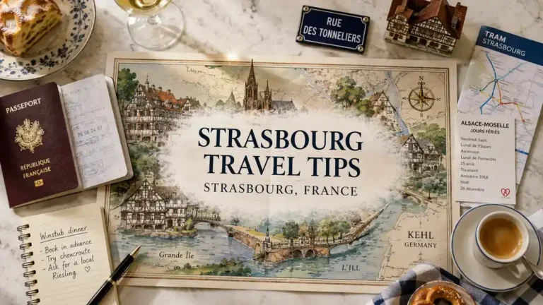 Strasbourg travel tips map with passport, tram guide, local holiday card, notebook, coffee, and Alsatian details.