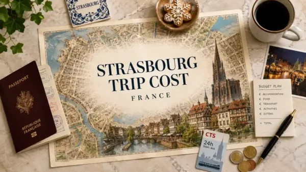 Strasbourg trip cost flat lay with illustrated city map, passport, budget planner, euro coins, tram pass, coffee and Christmas-market details.