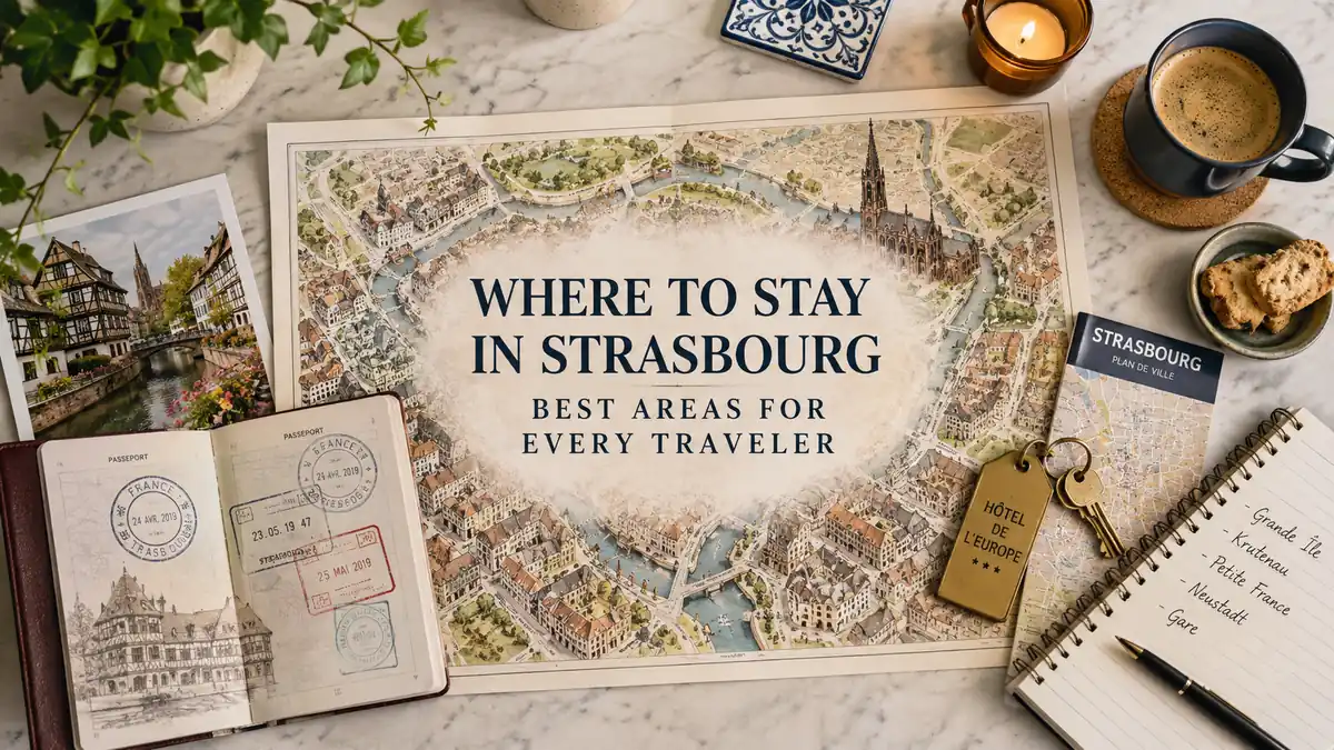 Where to Stay in Strasbourg: Best Areas for Every Traveler 2 Overhead Strasbourg stay-planning flat lay with an illustrated city map, passport, hotel key, notebook, coffee, and canal postcard.