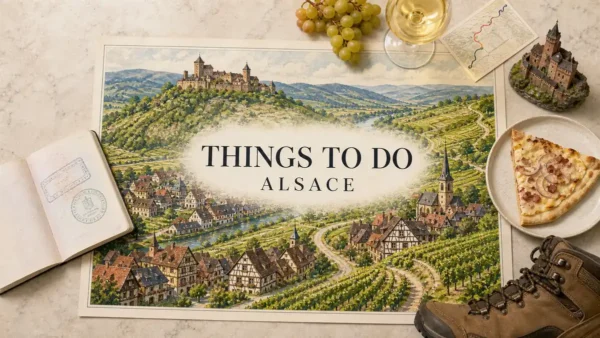 Overhead Alsace travel flat lay with an illustrated Wine Route poster, open passport, grapes, wine, route card, castle, flammekueche and hiking boot.