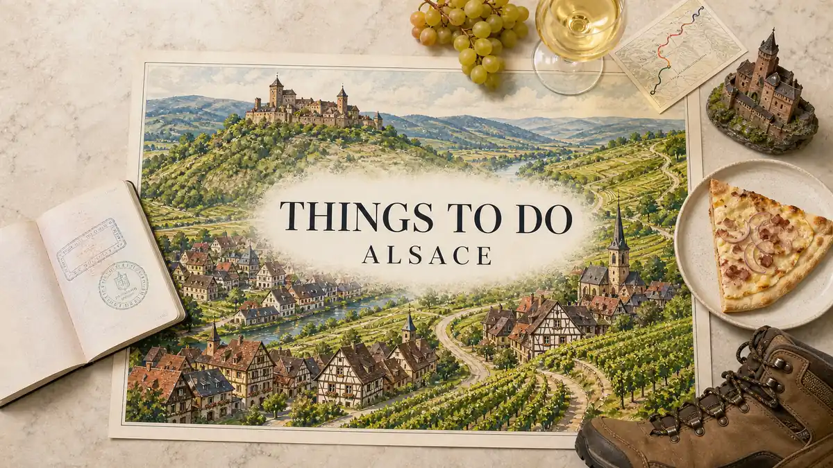 Things to Do in Alsace: What's Actually Worth Your Time 2 Overhead Alsace travel flat lay with an illustrated Wine Route poster, open passport, grapes, wine, route card, castle, flammekueche and hiking boot.