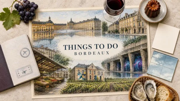 Overhead Bordeaux travel flat lay with an illustrated golden-stone waterfront, reflecting pool, market, submarine-base art venue, reused barracks and vineyard, framed by wine and food props.