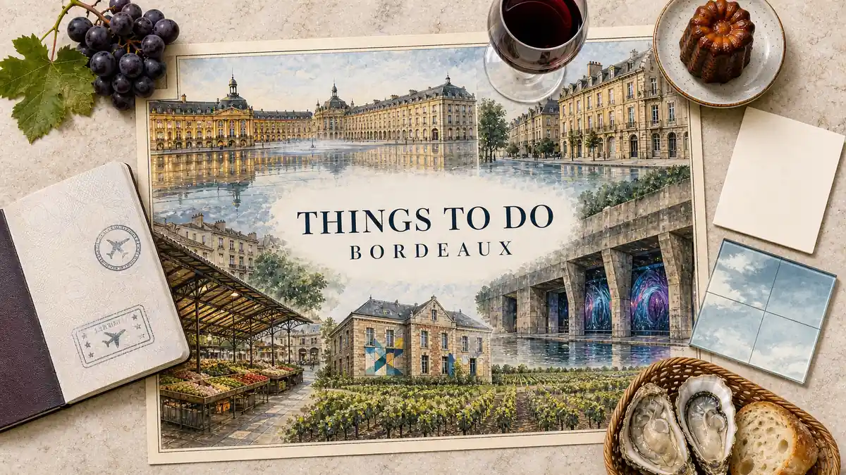 Things to Do in Bordeaux, Ranked by Payoff 2 Overhead Bordeaux travel flat lay with an illustrated golden-stone waterfront, reflecting pool, market, submarine-base art venue, reused barracks and vineyard, framed by wine and food props.