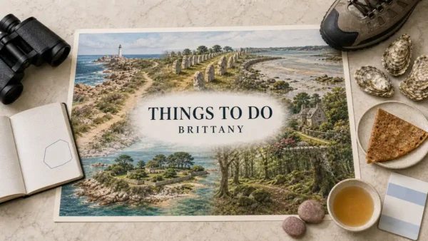 Overhead Brittany travel flat lay with an illustrated pink-granite coast, Carnac stones, oyster bay, garden island and forest, framed by regional activity props.