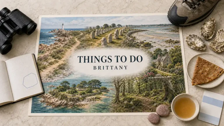 Overhead Brittany travel flat lay with an illustrated pink-granite coast, Carnac stones, oyster bay, garden island and forest, framed by regional activity props.