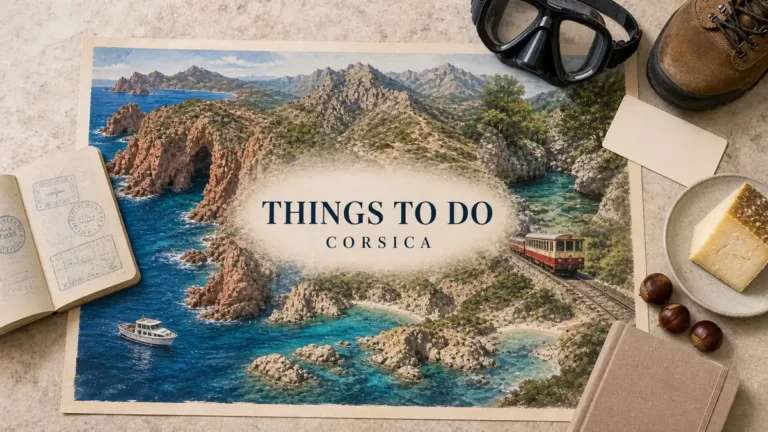 Overhead Corsica travel flat lay with an illustrated red-cliff coast, clear coves, mountain ridge, river canyon and scenic train, framed by island activity props.