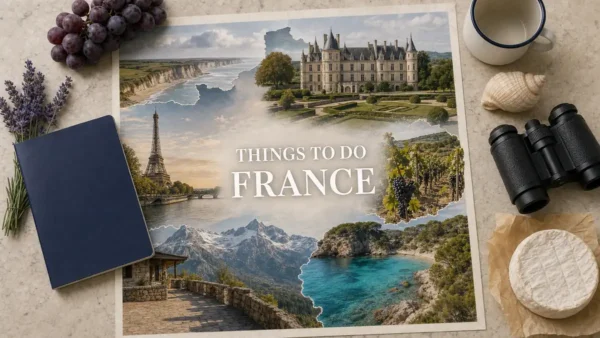 Overhead France travel flat lay with an illustrated Eiffel Tower, Loire château, vineyard, Alpine mountains and Mediterranean cove, framed by activity props.