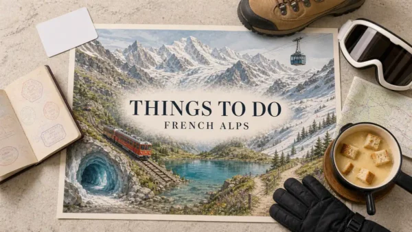 Overhead French Alps travel flat lay with an illustrated glacier, rack railway, empty cable car, ice cave, alpine lake, summer trail and snow slope, framed by mountain props.