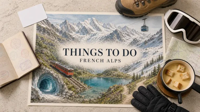 Overhead French Alps travel flat lay with an illustrated glacier, rack railway, empty cable car, ice cave, alpine lake, summer trail and snow slope, framed by mountain props.
