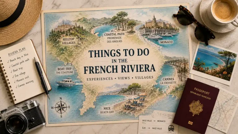 Things to Do in the French Riviera: What's Worth Your Day 7 Top-down French Riviera travel flat lay with an illustrated map, beach, coastal path, boat trip, hilltop villages, Monaco, Cannes and travel essentials.