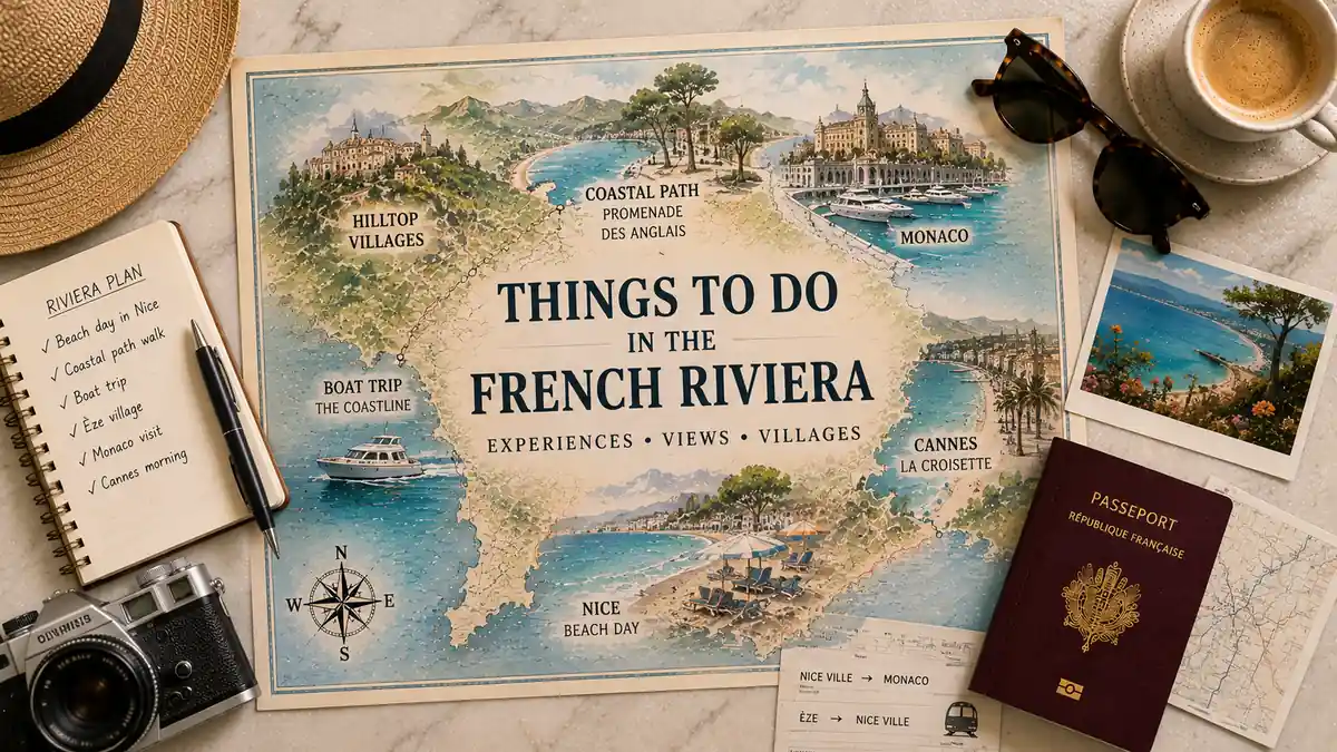 Things to Do in the French Riviera: What's Worth Your Day 2 Top-down French Riviera travel flat lay with an illustrated map, beach, coastal path, boat trip, hilltop villages, Monaco, Cannes and travel essentials.