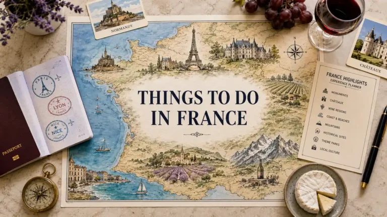 Things to Do in France: The Experiences Worth Your Trip 2 Overhead illustrated map of France with Eiffel Tower, Mont-Saint-Michel, châteaux, vineyards, passport, wine and travel props.