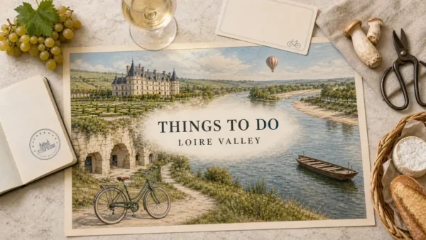 Overhead Loire Valley travel flat lay with an illustrated château, river, cave cellars, formal gardens, empty boat, parked bicycle and balloon, framed by wine-country props.