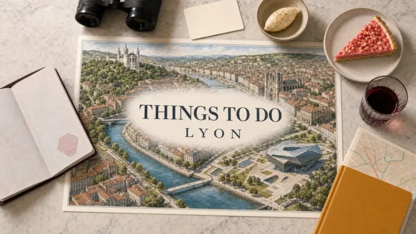 Overhead Lyon travel flat lay with an illustrated river confluence, Fourvière, historic roofs and Confluences museum, framed by food and walking props.