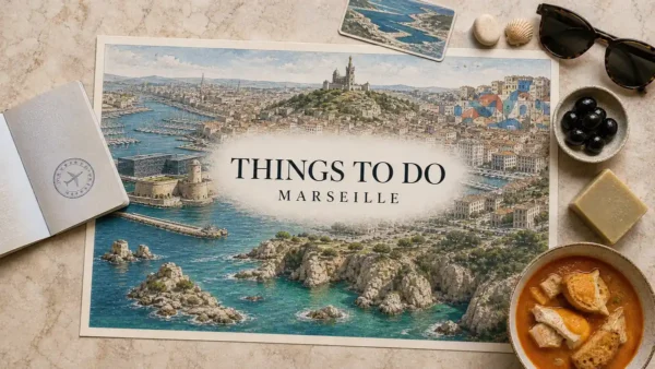 Overhead Marseille travel flat lay with an illustrated Vieux-Port, Notre-Dame de la Garde, MuCEM, Fort Saint-Jean and turquoise Calanques, framed by coastal and food props.