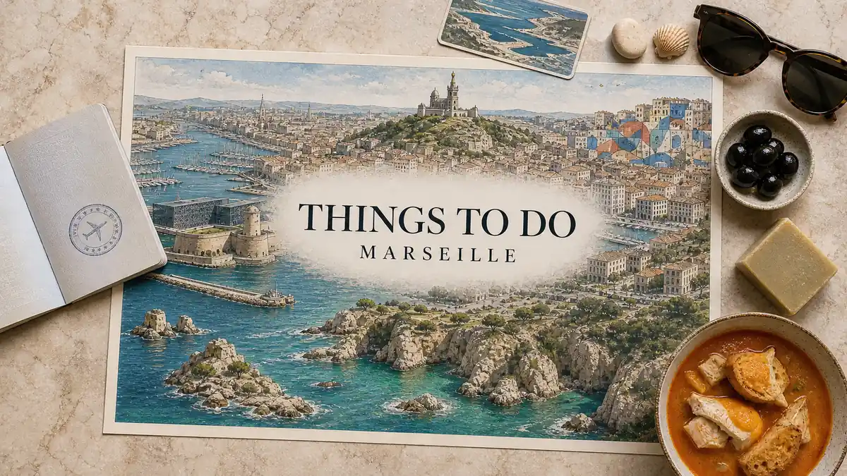 Things to Do in Marseille: What's Worth It and What's Not 2 Overhead Marseille travel flat lay with an illustrated Vieux-Port, Notre-Dame de la Garde, MuCEM, Fort Saint-Jean and turquoise Calanques, framed by coastal and food props.