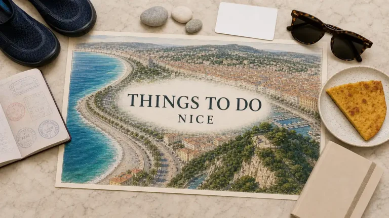 Overhead Nice coastal flat lay with an illustrated Baie des Anges, Promenade, Vieux Nice, port and Castle Hill, framed by beach and travel props.