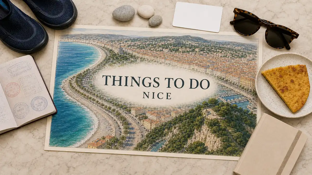 Overhead Nice coastal flat lay with an illustrated Baie des Anges, Promenade, Vieux Nice, port and Castle Hill, framed by beach and travel props.