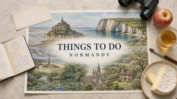 Overhead Normandy travel flat lay with an illustrated poster of Mont-Saint-Michel, Etretat cliffs, a coastal memorial, water-lily garden and orchard, framed by travel props.