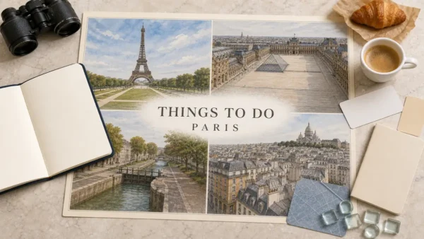 Overhead Paris travel flat lay with illustrated empty views of the Eiffel Tower, Louvre courtyard, Canal Saint-Martin and Montmartre rooftops, framed by planning props.