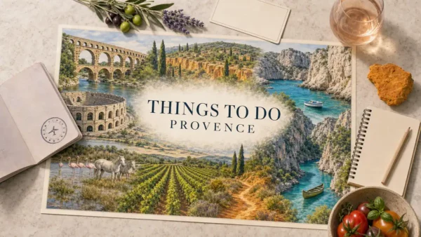 Overhead Provence travel flat lay with an illustrated Roman aqueduct, amphitheatre, ochre hills, limestone coves, turquoise canyon, flamingos, white horses and vineyard, framed by regional props.