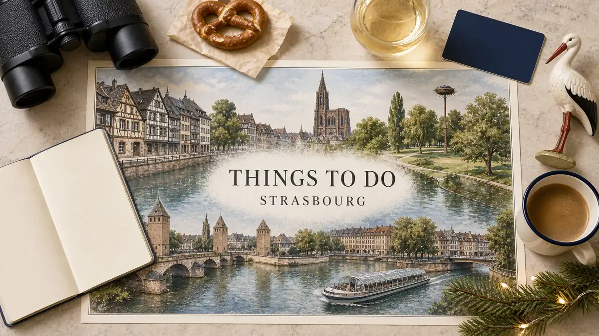 Things to Do in Strasbourg: What's Actually Worth Your Time 2 Overhead Strasbourg travel flat lay with an illustrated canal, Petite France houses, cathedral, covered bridges, empty sightseeing boat and stork nest, framed by Alsatian props.
