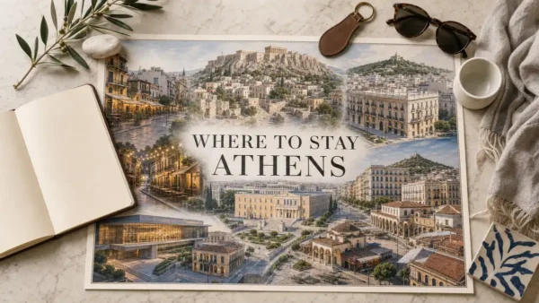 Where to Stay in Athens: 6 Best Areas by Traveler Type 13 Athens stay areas flat lay comparing Plaka, Koukaki, Monastiraki, Syntagma, Psyrri and Kolonaki
