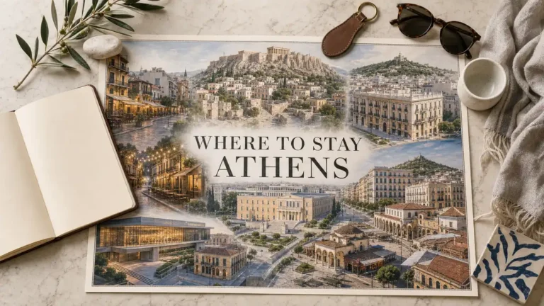 Athens stay areas flat lay comparing Plaka, Koukaki, Monastiraki, Syntagma, Psyrri and Kolonaki
